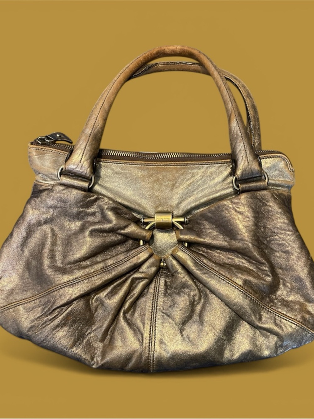 Salvatore Ferragamo Metallic Bronze Gathered Shoulder Bag